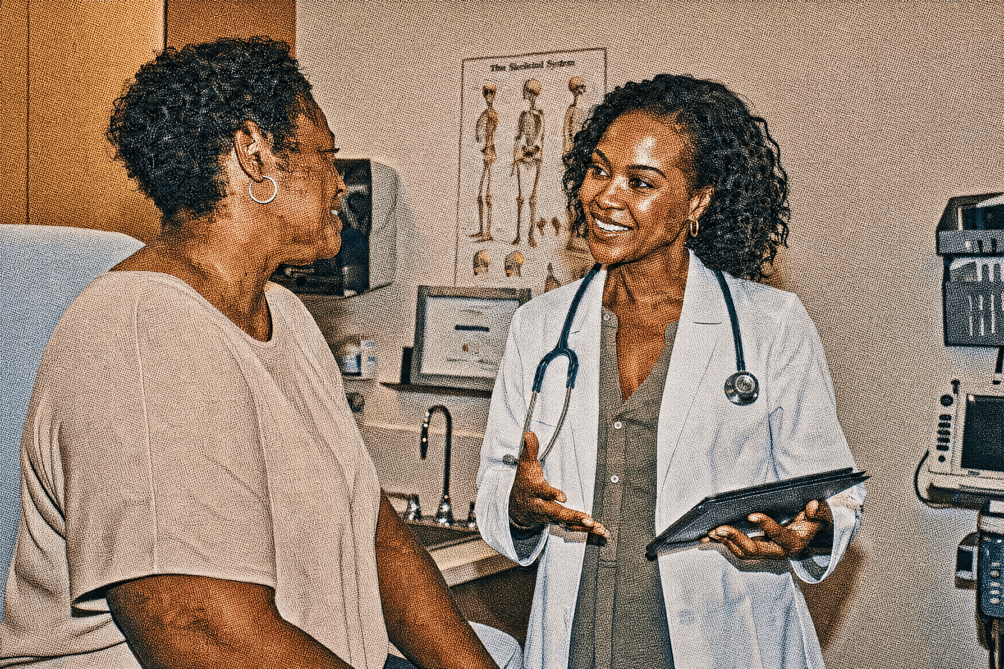 Doctor talking with a patient about prevention-first care.