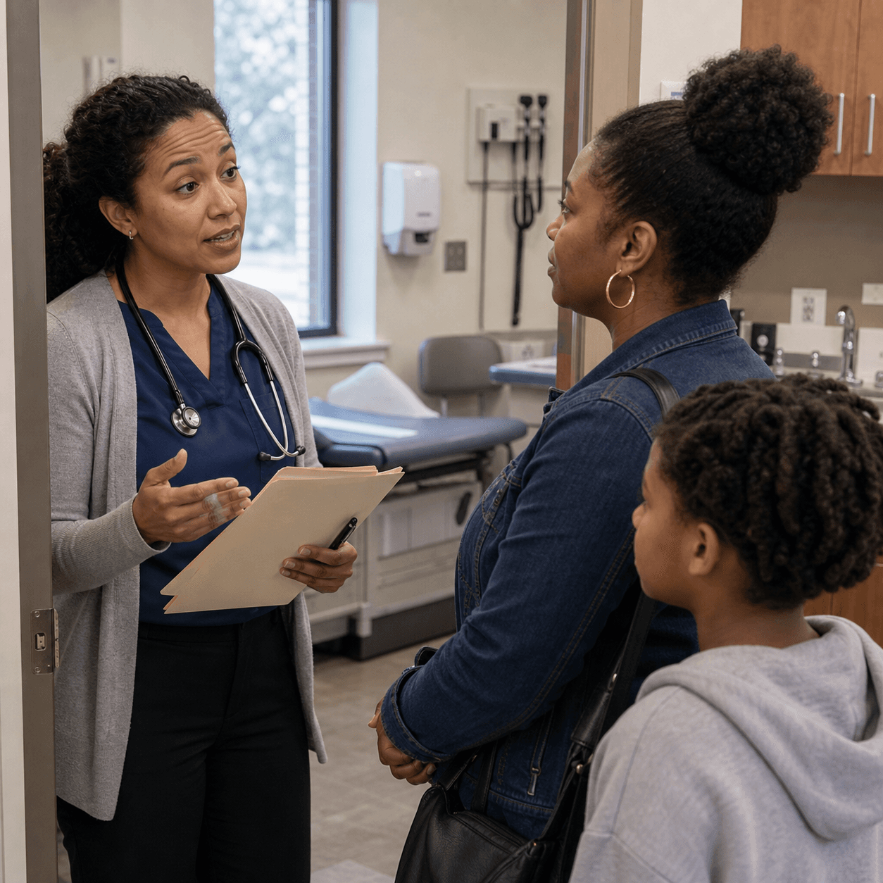 Aisha Patel discussing a care plan with a patient