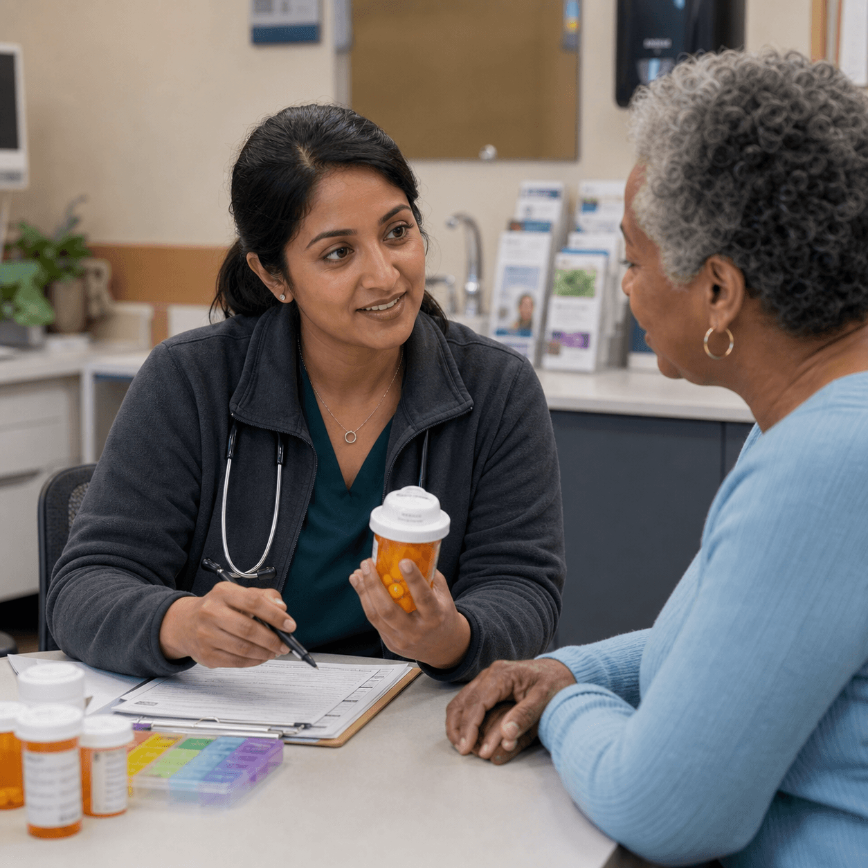 Aisha Patel discussing a care plan with a patient
