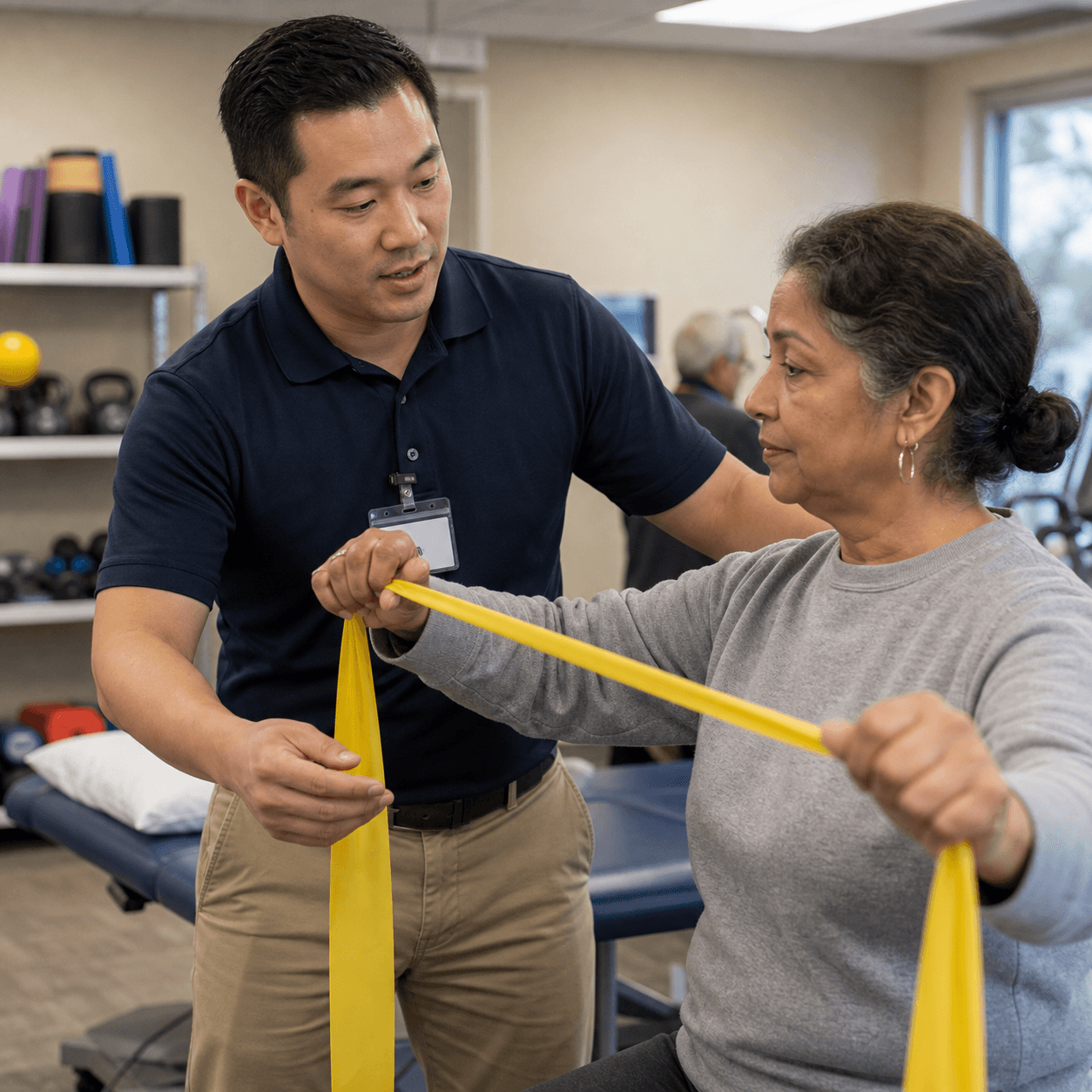 Daniel Kim guiding a physical therapy exercise