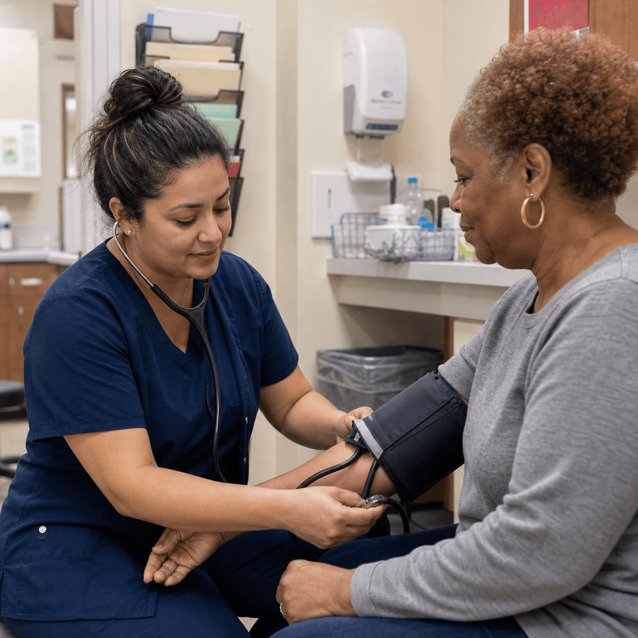 Elena Garcia reviewing vitals in a clinic room
